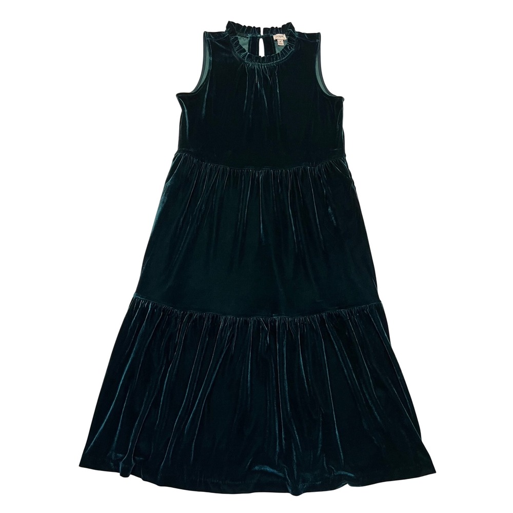 J Crew Forest Green Velvet Tiered Ruffle Neck Whimsigoth Midi Dress NWT Size 6